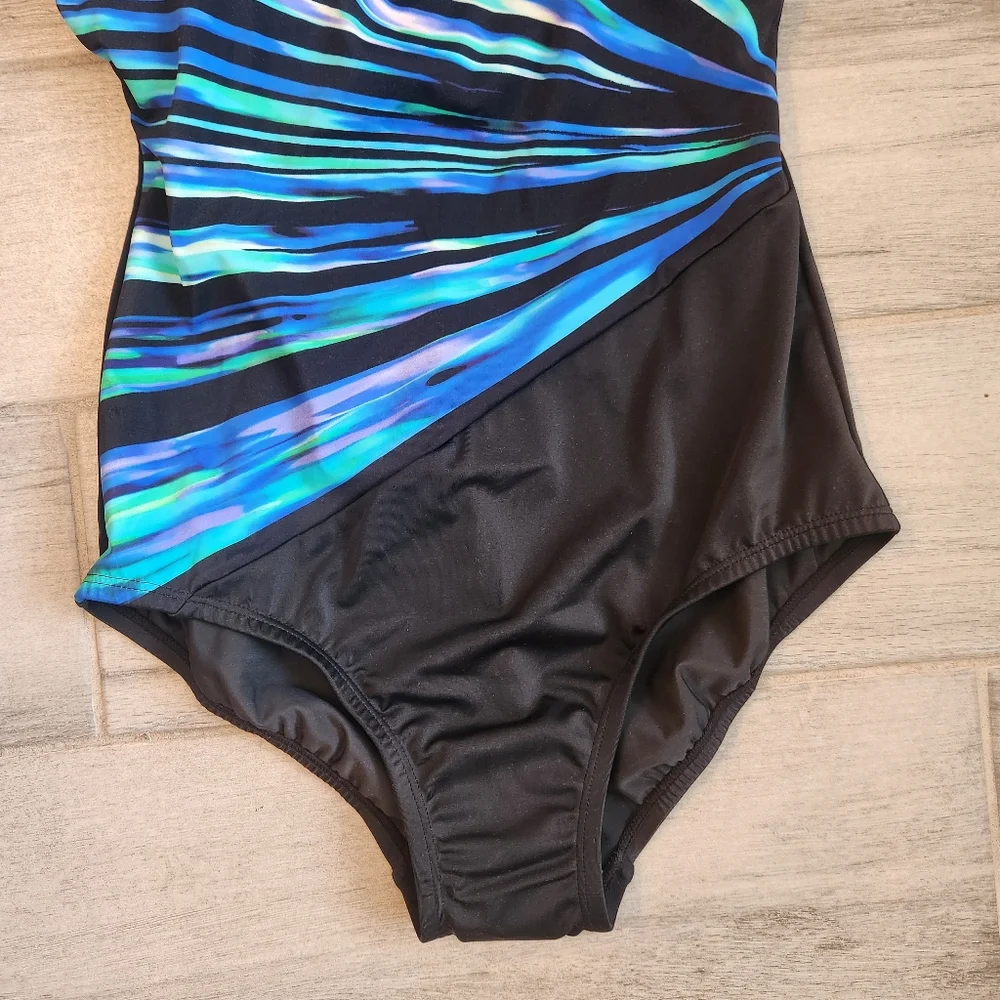 Swim Solutions Sport Swimsuit 8 Blue Black Striped Shapewear one piece New $110